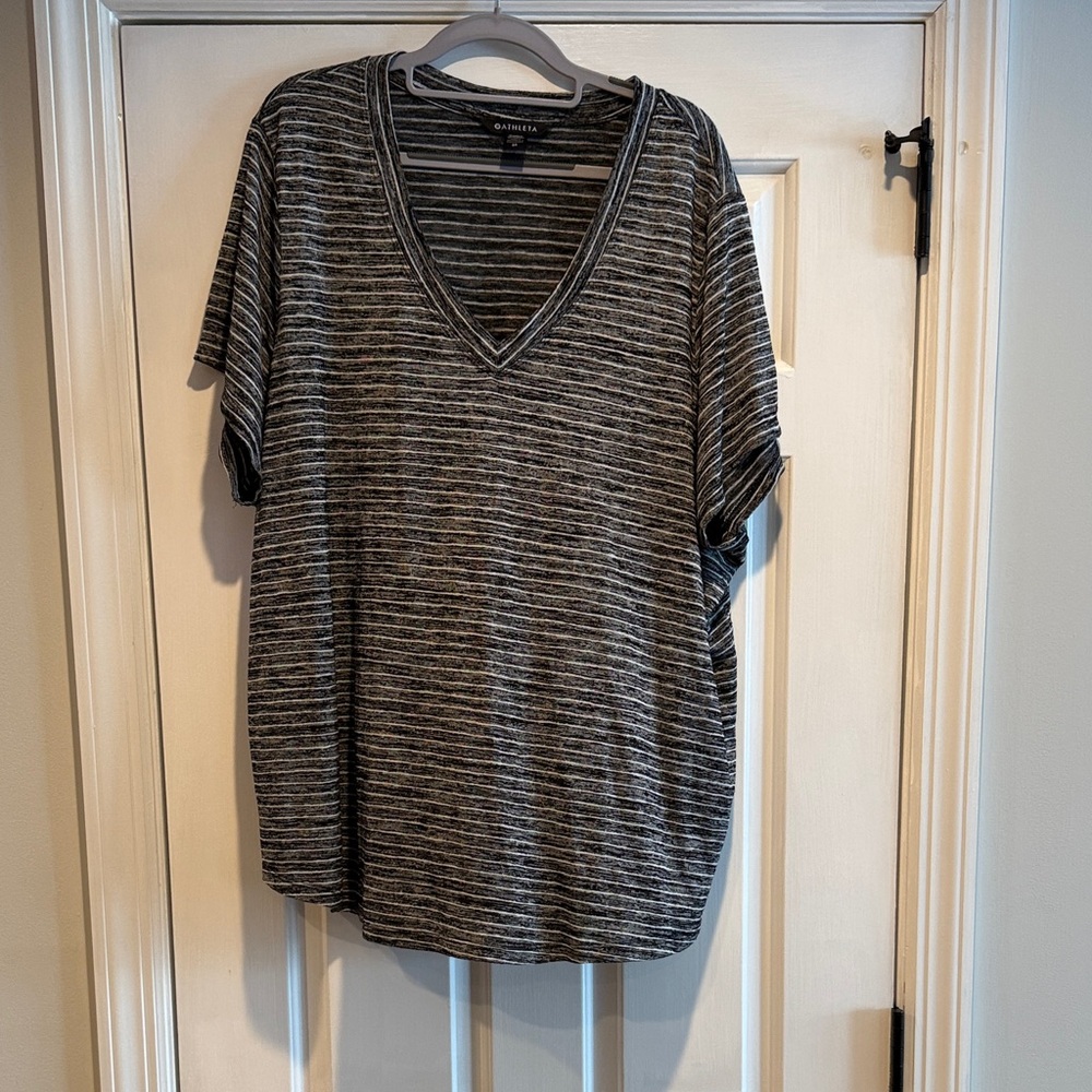 Athleta Black and Gray Striped V-Neck Tee